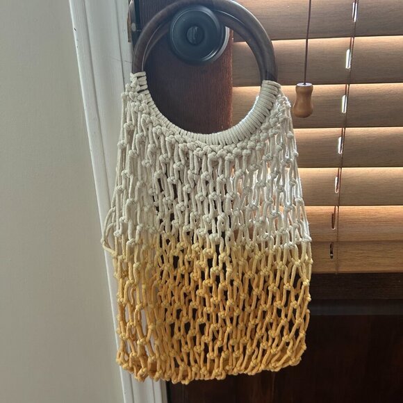 Macramé Handbag Wooden Handle Ombre Beach Bag Boho Chic Retro - Picture 8 of 10